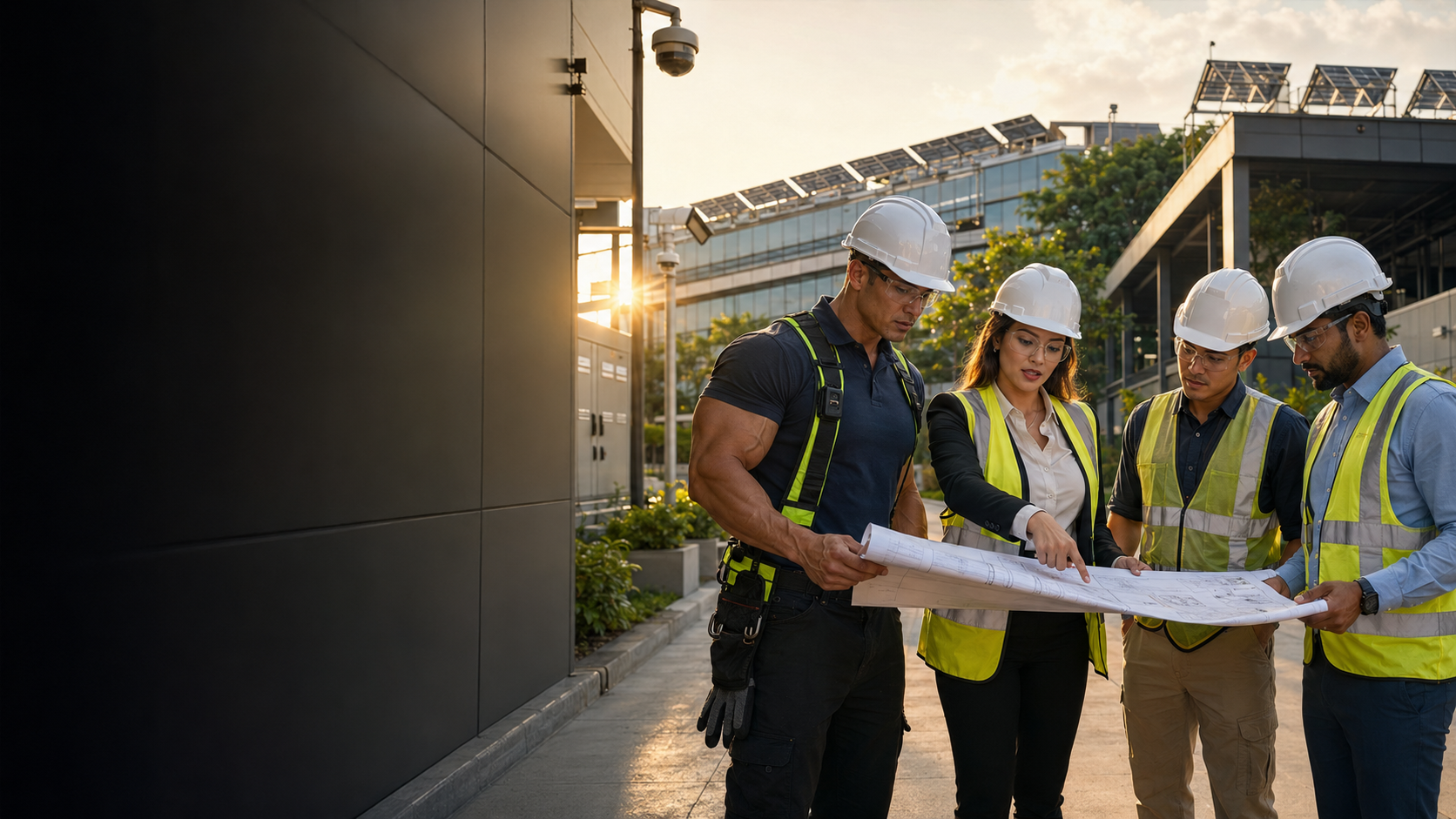 Engineering team reviewing plans at a smart industrial facility