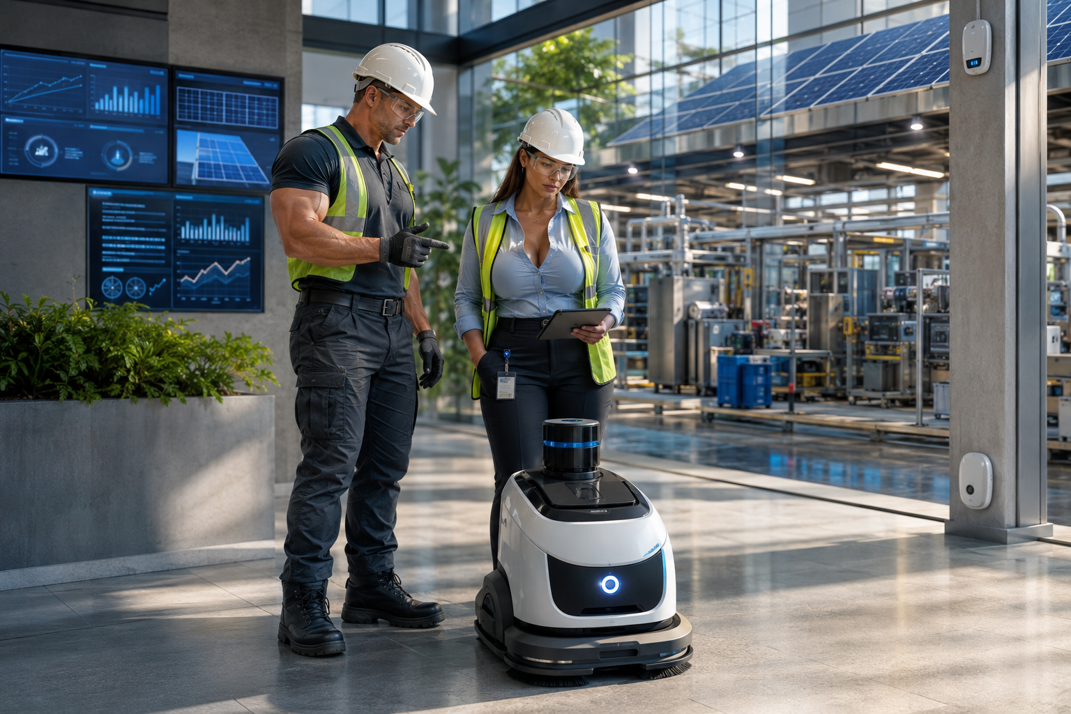Engineers reviewing robotics, solar and connected industrial operations