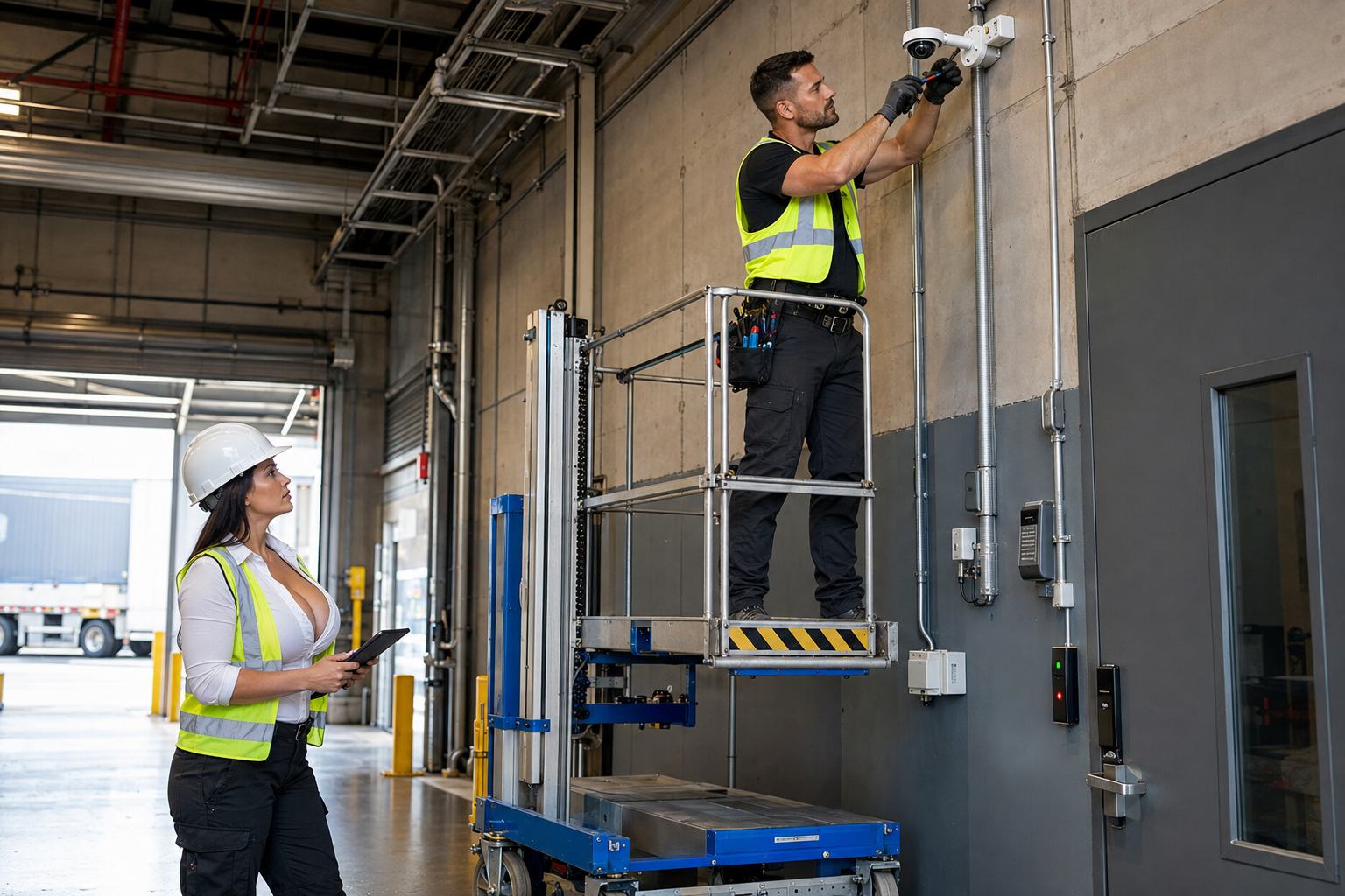 Technicians installing CCTV and access control at an industrial facility